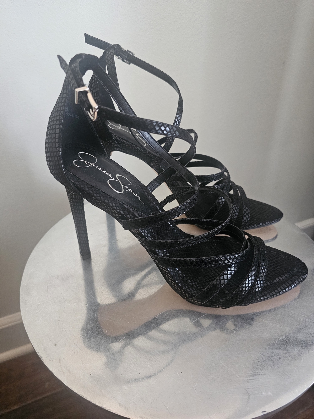 Jessica Simpson Black Snakeskin Strappy Stiletto Heels Size 10